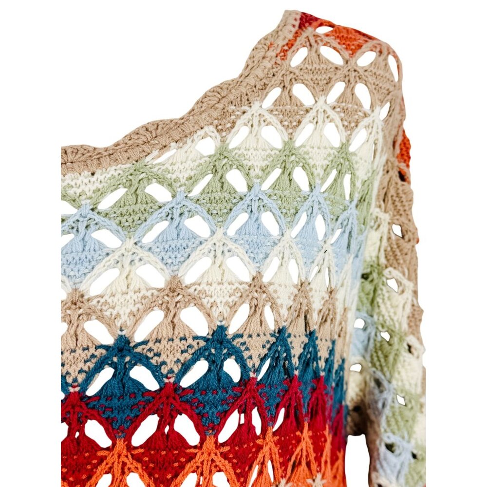 Free People Crochet Fringe Scalloped Hem Knit Poncho Top | Coastal Cowgirl Boho - Picture 3 of 16